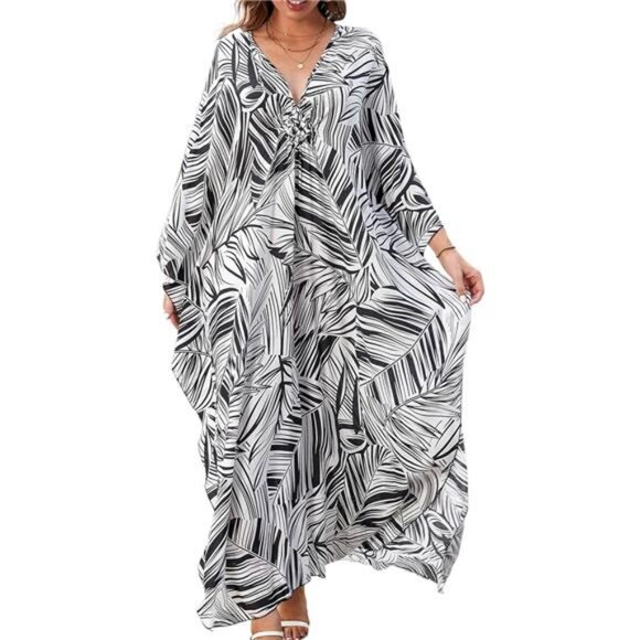 Kaftan Dresses for Women V-Neck Batwing Sleeves Swimsuit Beach Cover Ups Tie - Picture 1 of 6